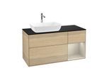 Villeroy und Boch Finion Waschtischunterschrank F812HHPC 120cm, Abdeckplatte black matt, Regale sand matt lacquer, Oak Veneer