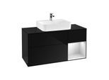Villeroy und Boch Finion Waschtischunterschrank F172MTPH 120cm, Abdeckplatte black matt, Regal rechts White matt lacquer, Glossy Black Lacquer