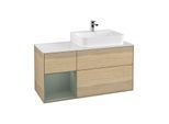 Villeroy und Boch Finion Waschtischunterschrank G141GMPC 120cm, Abdeckplatte white matt, Emotion, Regal links Olive Matt Lacquer, Oak Veneer
