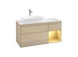 Villeroy und Boch Finion Waschtischunterschrank F811HFPC 120cm, Abdeckplatte white matt, Regale Gold matt lacquer, Oak Veneer