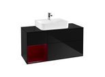Villeroy und Boch Finion Waschtischunterschrank F162HBPH 120cm, Abdeckplatte black matt, Regal links Peony, Glossy Black Lacquer