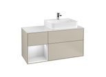 Villeroy und Boch Finion Waschtischunterschrank F141MTHH 120cm, Abdeckplatte glass white Matt, Regal links White matt lacquer, Sand Matt Lacquer