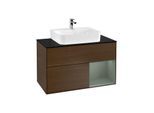 Villeroy und Boch Finion Waschtischunterschrank F122GMGN 100cm, Abdeckplatte black matt, Regal rechts Olive Matt Lacquer, Walnut veneer