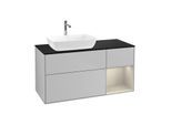 Villeroy und Boch Finion Waschtischunterschrank F812HHGJ 120cm, Abdeckplatte black matt, Regale sand matt lacquer, Light grey matt