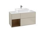 Villeroy und Boch Finion Waschtischunterschrank G161GNHH 120cm, Abdeckplatte white matt, Emotion, Regal links Walnut veneer, Sand Matt Lacquer