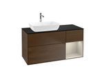 Villeroy und Boch Finion Waschtischunterschrank F812HHGN 120cm, Abdeckplatte black matt, Regale sand matt lacquer, Walnut veneer