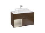 Villeroy und Boch Finion Waschtischunterschrank G111HHGN 100cm, Abdeckplatte white matt, Emotion, Regal links Sand Matt Lacquer, Walnut veneer