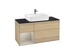 Villeroy und Boch Finion Waschtischunterschrank F162HHPC 120cm, Abdeckplatte black matt, Regal links Sand Matt Lacquer, Oak Veneer