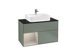 Villeroy und Boch Finion Waschtischunterschrank G112HHGM 100cm, Abdeckplatte black matt, Emotion, Regal links Sand Matt Lacquer, Olive Matt Lacquer