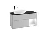 Villeroy und Boch Finion Waschtischunterschrank G932GFGJ 120cm, Abdeckplatte black matt, Emotion, Regale Glossy white lacquer, Light grey matt