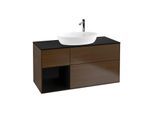 Villeroy und Boch Finion Waschtischunterschrank F942PHGN 120cm, Abdeckplatte black matt, Regale Glossy black lacquer, Walnut veneer