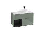 Villeroy und Boch Finion Waschtischunterschrank F891PHGM 100cm, Abdeckplatte white matt, Regale Glossy black lacquer, Olive Matt Lacquer