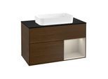 Villeroy und Boch Finion Waschtischunterschrank F252HHGN 100x60,3cm, Abdeckplatte black matt, Regal rechts Sand Matt, Walnut veneer