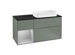 Villeroy und Boch Finion Waschtischunterschrank F272GJGM 120cm, Abdeckplatte black matt, Regal links Light grey matt, Olive Matt Lacquer