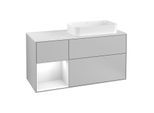 Villeroy und Boch Finion Waschtischunterschrank F271GFGJ 120cm, Abdeckplatte white matt, Regal links Glossy white lacquer, Light grey matt