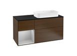 Villeroy und Boch Finion Waschtischunterschrank F272GJGN 120cm, Abdeckplatte black matt, Regal links Light grey matt, Walnut veneer