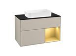 Villeroy und Boch Finion Waschtischunterschrank F252HFHH 100x60,3cm, Abdeckplatte black matt, Regal rechts Gold matt, Sand Matt Lacquer
