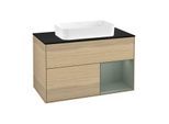 Villeroy und Boch Finion Waschtischunterschrank F252GMPC 100x60,3cm, Abdeckplatte black matt, Regal rechts Olive Matt Lacquer, Oak Veneer