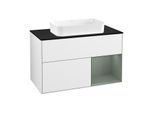 Villeroy und Boch Finion Waschtischunterschrank F252GMGF 100x60,3cm, Abdeckplatte black matt, Regal rechts Olive Matt Lacquer, Glossy white lacquer