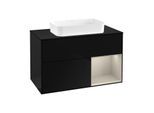 Villeroy und Boch Finion Waschtischunterschrank G252HHPH 100cm, Abdeckplatte black matt, Emotion, Regal rechts Sand Matt, Glossy Black Lacquer
