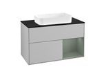 Villeroy und Boch Finion Waschtischunterschrank F252GMGJ 100x60,3cm, Abdeckplatte black matt, Regal rechts Olive Matt Lacquer, Light grey matt