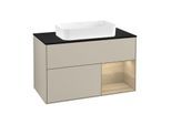 Villeroy und Boch Finion Waschtischunterschrank G252PCHH 100cm, Abdeckplatte black matt, Emotion, Regal rechts Oak Veneer, Sand Matt Lacquer