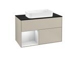 Villeroy und Boch Finion Waschtischunterschrank G242MTHH 100cm, Abdeckplatte black matt, Emotion, Regal links White matt lacquer, Sand Matt Lacquer