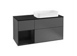 Villeroy und Boch Finion Waschtischunterschrank F272PHGK 120cm, Abdeckplatte black matt, Regal links Glossy Black Lacquer, Anthracite matt