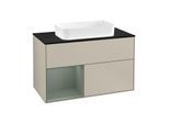 Villeroy und Boch Finion Waschtischunterschrank G242GMHH 100cm, Abdeckplatte black matt, Emotion, Regal links Olive Matt Lacquer, Sand Matt Lacquer