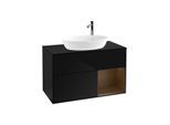 Villeroy und Boch Finion Waschtischunterschrank F902GNPH 100cm, Abdeckplatte black matt, Regale Walnut Veneer, Glossy Black Lacquer