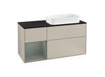 Villeroy und Boch Finion Waschtischunterschrank F272GMHH 120cm, Abdeckplatte black matt, Regal links Olive Matt Lacquer, Sand Matt Lacquer