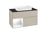 Villeroy und Boch Finion Waschtischunterschrank G242GFHH 100cm, Abdeckplatte black matt, Emotion, Regal links Glossy white lacquer, Sand Matt Lacquer