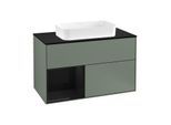 Villeroy und Boch Finion Waschtischunterschrank G242PHGM 100cm, Abdeckplatte black matt, Emotion, Regal links Glossy Black Lacquer, Olive Matt Lacquer