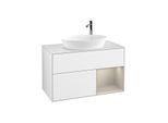 Villeroy und Boch Finion Waschtischunterschrank F901HHGF 100cm, Abdeckplatte white matt, Regale sand matt lacquer, Glossy white lacquer