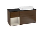 Villeroy und Boch Finion Waschtischunterschrank G272HHGN 120cm, Abdeckplatte black matt, Emotion, Regal links Sand Matt Lacquer, Walnut veneer