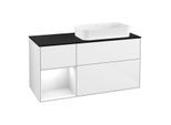 Villeroy und Boch Finion Waschtischunterschrank F272GFGF 120cm, Abdeckplatte black matt, Regal links Glossy white lacquer, Glossy white lacquer