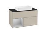 Villeroy und Boch Finion Waschtischunterschrank G242GJHH 100cm, Abdeckplatte black matt, Emotion, Regal links Light grey matt, Sand Matt Lacquer