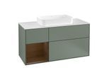 Villeroy und Boch Finion Waschtischunterschrank F291GNGM 120cm, Abdeckplatte white matt, Regal links Walnut veneer, Olive Matt Lacquer