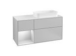 Villeroy und Boch Finion Waschtischunterschrank F271MTGJ 120cm, Abdeckplatte white matt, Regal links White matt lacquer, Light grey matt