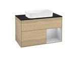 Villeroy und Boch Finion Waschtischunterschrank G252GJPC 100cm, Abdeckplatte black matt, Emotion, Regal rechts Light grey matt, Oak Veneer
