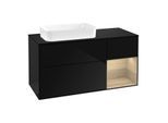 Villeroy und Boch Finion Waschtischunterschrank G282PCPH 120cm, Abdeckplatte black matt, Emotion, Regal rechts Oak Veneer, Glossy Black Lacquer
