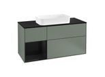 Villeroy und Boch Finion Waschtischunterschrank F292PHGM 120cm, Abdeckplatte black matt, Regal links Glossy Black Lacquer, Olive Matt Lacquer