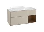 Villeroy und Boch Finion Waschtischunterschrank F281GNHH 120cm, Abdeckplatte white matt, Regal rechts Walnut veneer, Sand Matt Lacquer