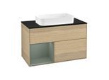 Villeroy und Boch Finion Waschtischunterschrank G242GMPC 100cm, Abdeckplatte black matt, Emotion, Regal links Olive Matt Lacquer, Oak Veneer