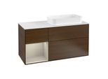 Villeroy und Boch Finion Waschtischunterschrank G271HHGN 120cm, Abdeckplatte white matt, Emotion, Regal links Sand Matt Lacquer, Walnut veneer