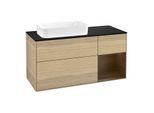 Villeroy und Boch Finion Waschtischunterschrank F282GNPC 120cm, Abdeckplatte black matt, Regal rechts Walnut veneer, Oak Veneer