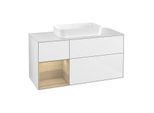 Villeroy und Boch Finion Waschtischunterschrank F291PCGF 120cm, Abdeckplatte white matt, Regal links Oak Veneer, Glossy white lacquer