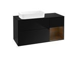 Villeroy und Boch Finion Waschtischunterschrank F282GNPH 120cm, Abdeckplatte black matt, Regal rechts Walnut veneer, Glossy Black Lacquer