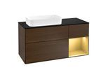 Villeroy und Boch Finion Waschtischunterschrank F282HFGN 120cm, Abdeckplatte black matt, Regal rechts Gold matt, Walnut veneer