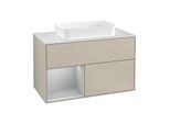 Villeroy und Boch Finion Waschtischunterschrank G241GJHH 100cm, Abdeckplatte white matt, Emotion, Regal links Light grey matt, Sand Matt Lacquer